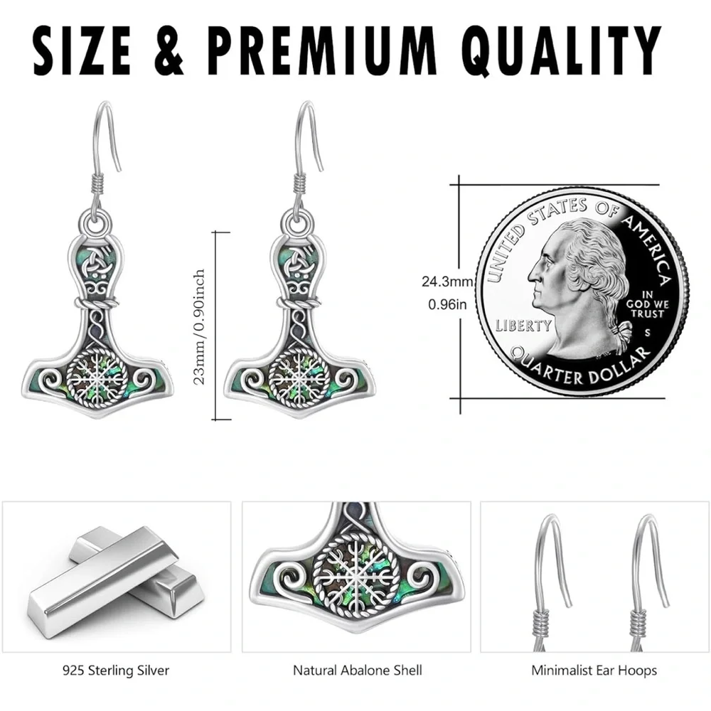 Viking Earrings Tree of Life 925 Sterling Silver Thor Hammer Compass Dangle Drop - Picture 5 of 7